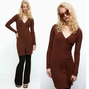 NWT ZARA Long Ribbed Brown Cardigan Sweater Size Small